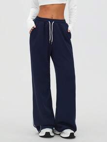 1pc Women's Waffle Texture Loose Jogger Pants With Pockets And Contrast Side Stripe Design, Straight Leg, Suitable For Outdoor Running, Gym Workout, Casual Street Wear, All Seasons Spring - Navy Blue - View 5