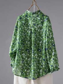 Christmas Women's Green Floral Print Long Sleeve Shirt Collar Shirt Front Button Woven Fabric Top, Regular Length