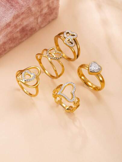 5pcs Luxury Elegant Stainless Steel Gold Heart Rhinestone Inlaid Ring Set, Suitable For Women's Daily, Festival, Vacation, Date, Engagement, Wedding Matching