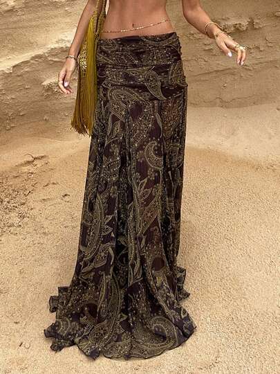 Brown Vintage Print Low-Waist Skirts For Women Elegant Boho Long Skirt Grunge Fairycore Y2K Aesthetic 2000s Outfits