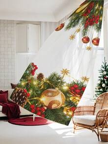 Cortina transparente decorativa com estampa de galhos de pinheiro e frutas natalinas (1 unidade), ideal para sala de estar, quarto, cozinha e decoração de festas de Natal. Gramatura: 100g/m². Ideal para decoração de Natal, decoração natalina e decoração de casa.