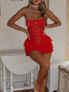 Women Corset Lace Mini Dress Off The Shoulder Bustier Short Dresses Layered Ruffle Lace Hem Party Club Dress - 紅色 - 查看 4