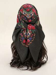 1pc Bandana With Golden Trim Floral Print Headscarf, Fashion Square Scarf For Women