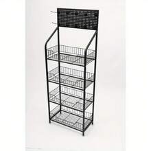 4-Tier Snack Candy Display Rack Organizer, Storage Shelf Display Rack With Wheels & Hooks, Metal Retail Display Rack Stand, Basket Stand Cart - Black - View 1