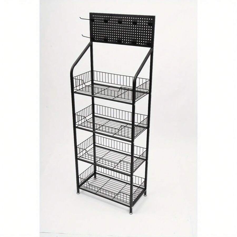 4-Tier Snack Candy Display Rack Organizer, Storage Shelf Display Rack With Wheels & Hooks, Metal Retail Display Rack Stand, Basket Stand Cart - Black - View 1