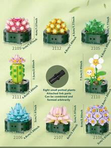 1361pcs Realistic Preserved Flower Building Blocks Basket, Roses/Sunflowers/Tulips/Lily Of The Valley/Roses/Lilies/Roses/Peonies/Jasmine Creative 3D Assembly Building Blocks Potted Succulent Plants Desktop Decor, Birthday/Halloween/Christmas Gift - Multicolor - View 10