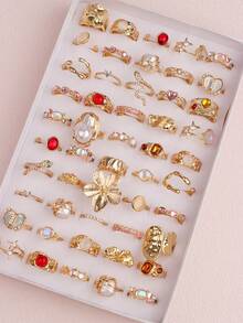 11pcs/Set Delicate Cute Pink Rhinestone Rings, Birthday Party Gifts For Girls & Boys, Accessories For Daily Wear - 11 Cat's Eye Rhinestone Ring - Gold - View 2