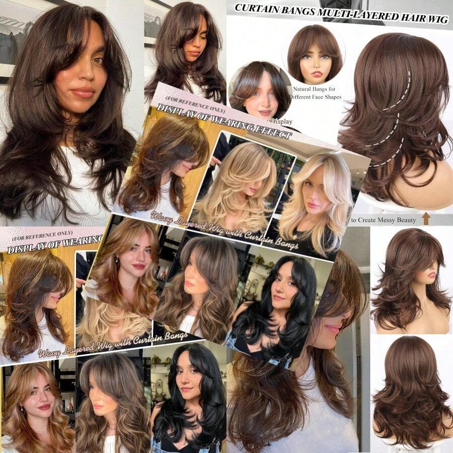 Dark Brown Wig With Curtain Bangs Layered Wig For Women ShoulderLength Wavy Long Dark Brown Synthetic Wigs With Bangs For White Women Medium Brown Wig For Daily Party Use - Nâu sẫm - Xem 1
