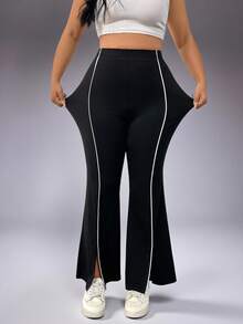 1pc Women's Plus Size High Waist Elastic Waistband Casual Slim Fit Multi-Function Cycling Pants With Splicing Ribbon And Slit Design - Black - View 9