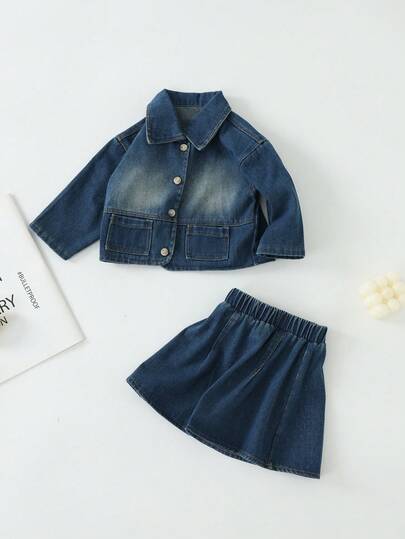 Timzgo 2pcs/Set Young Girls Blue Denim Jacket Coat With Collar & Pockets & Skirt Set, Suitable For Back To School, Casual Outfits In Autumn