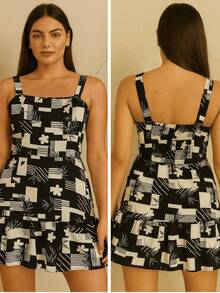 Vestido Feminino Curto Estampado com Lastex nas Costas e Babado | Crepinho Forrado M G GG - Preto - Visão 3