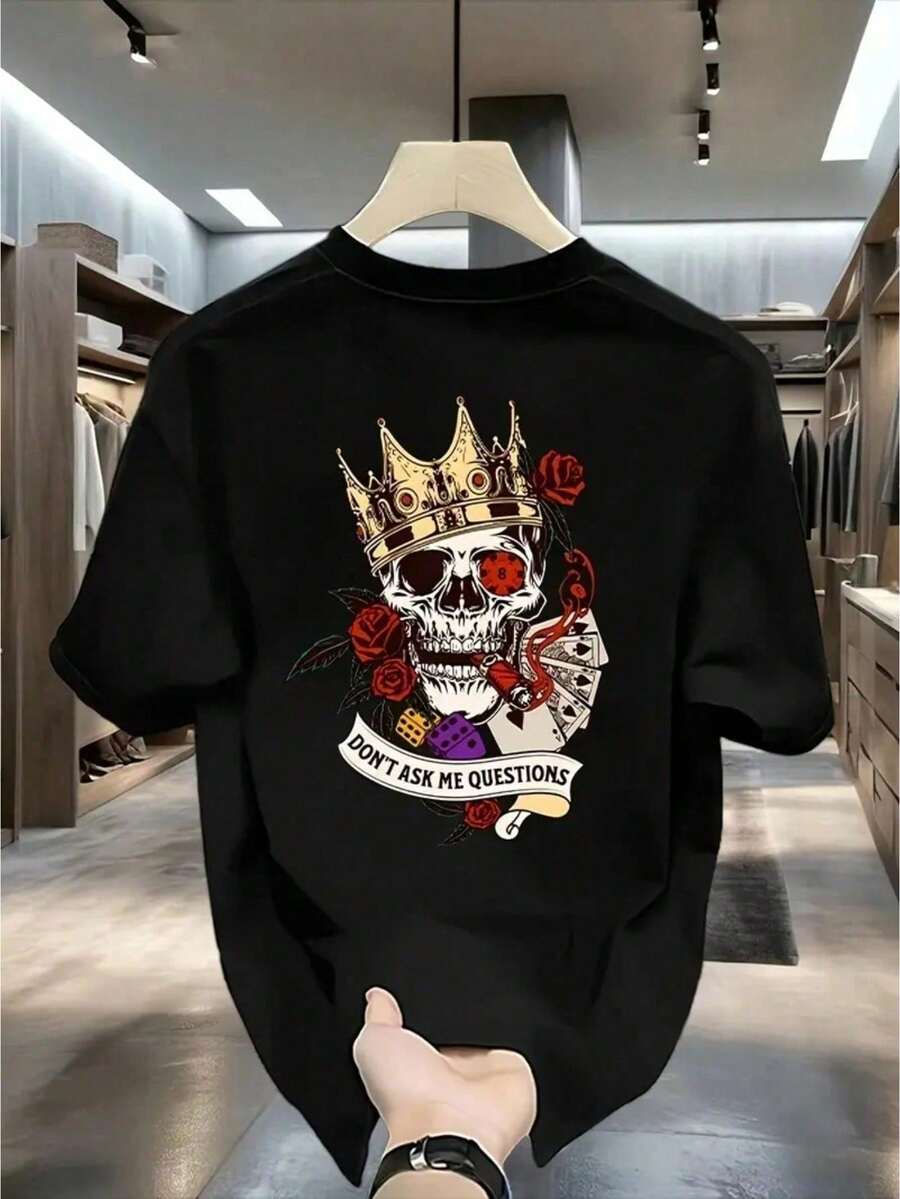 Camiseta Masculina  De Manga Curta Casual  E Colorida Gola Redonda Adulto Dia A Dia Para Homens Adequado As Estações Do Ano Algodão Estampa Personalizada De Caveira - Preto - Visão 1
