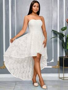 Vestido de cóctel con escote asimétrico de encaje blanco, diseño romántico sin espalda, perfecto para fiestas - Blanco - Ver 4