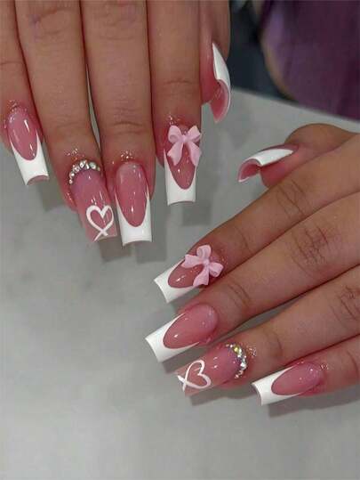 24Pcs Medium Square Adhesive False Nails, White French Style With Pink Bow & Accents - Glossy, Suitable Women & Girls Casual Daily Wear And Holiday Parties, Reusable Press On Nails Nail Supplies Nails