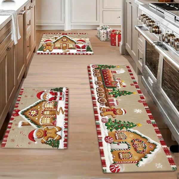 2/3pcs Merry Christmas Winter Decoration Gingerbread House Santa Tree Kitchen Rugs Non-Slip Brown Memory Sponge Kitchen Mats Easy To Clean Kitchen Carpet For Xmas Holiday Kitchen Bathroom Entrance Home Ornament Gift