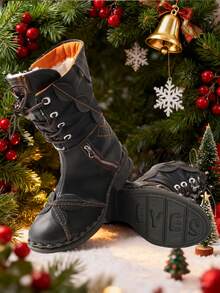 1 par de botas impresas hechas a mano para mujer TMA EYES - Diseño bordado de media pantorrilla, combinado con forro de peluche artificial, adecuado para uso diario retro - Negro - Ver 1