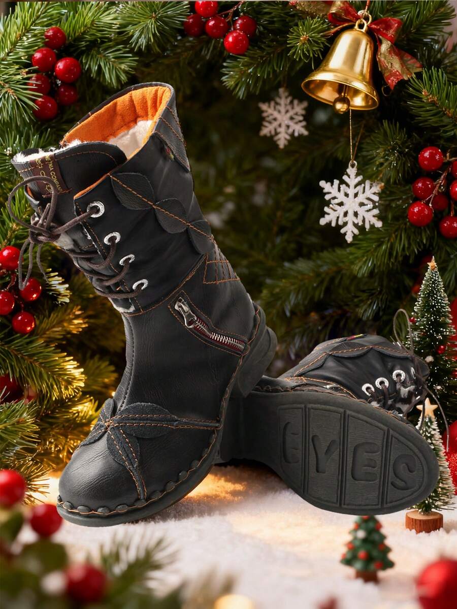 1 par de botas impresas hechas a mano para mujer TMA EYES - Diseño bordado de media pantorrilla, combinado con forro de peluche artificial, adecuado para uso diario retro - Negro - Ver 1