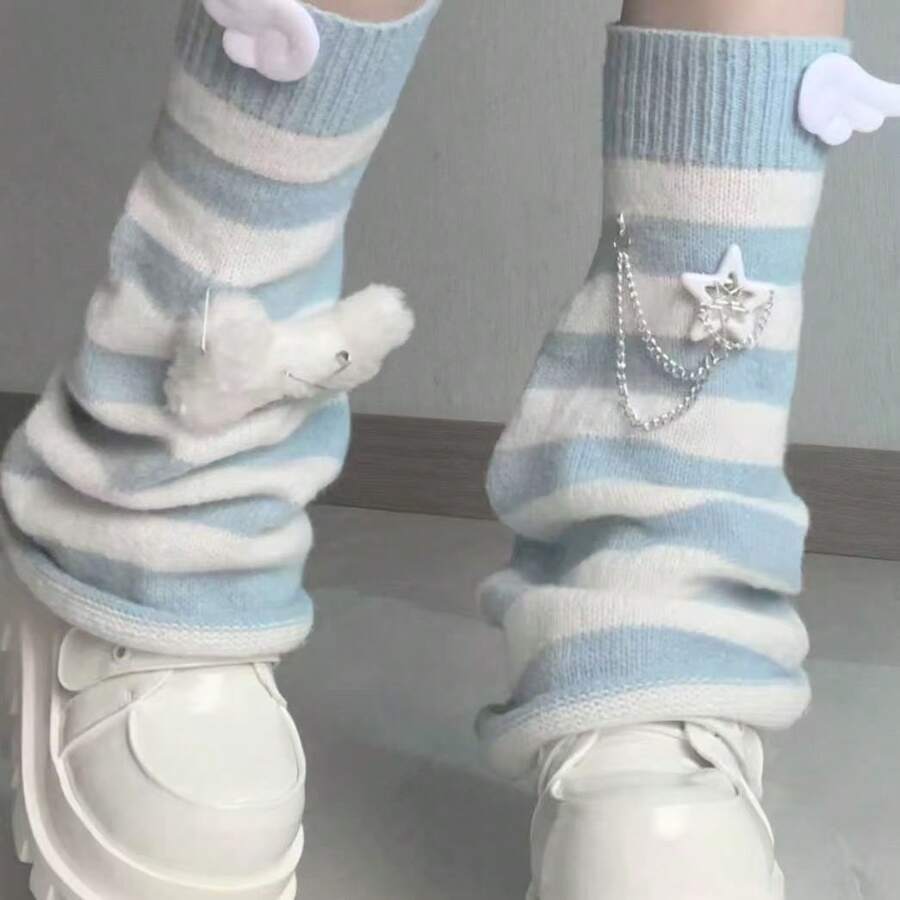 1pc Original Subculture Blue White Striped Flared Leg Warmers Mori Kei Bone Pattern Harajuku Slouchy Leg Sleeves + 10 Hot Search Words + 5 Core Keywords + Suitable For Daily Wear, Valentine's Day Gift, Holiday Gift, School Use, Ideal Gift For Lover, Friend & Classmate, Fashionable Elegant Cute Unique Niche - 白藍條紋翅膀骨頭 - 查看 1