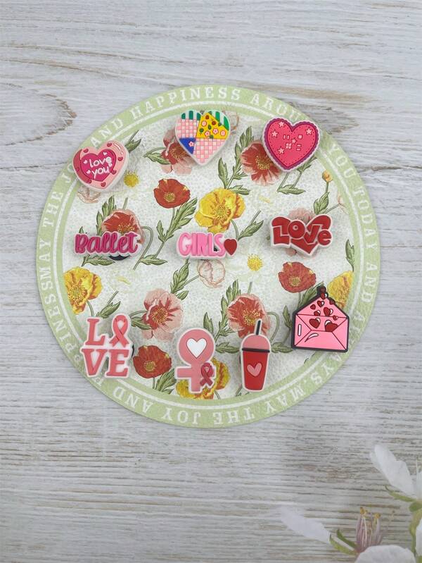 10 Peças/Conjunto Acessórios de Sandália e Pulseira com Padrão de Coração e Letra Cartoon, Rosa, Chinelos e Decoração de Celular, Adequado para Casais, Presentes de Aniversário e Feriados