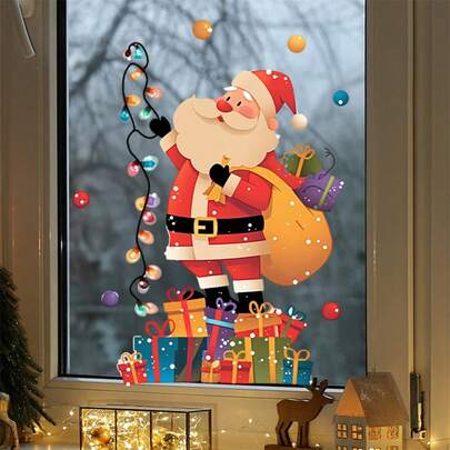 1pc Festive Christmas Window Sticker - Santa Claus Design With Lights & Gifts, Self-Adhesive Perfect For Holiday Parties, Celebrations, And Home Decor, Christmas Decorations, Christmas Window Sticker Removable, Christmas Window Cling, Christmas Decoration, For Window Offer, Door, Wall, Backdrop