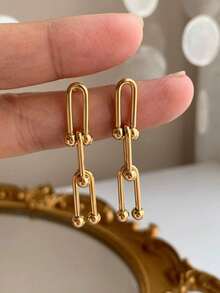 1 Pair Fashionable Stainless Steel Horseshoe Chain Earrings, Stylish Design, Available In Gold Color, Essential Jewelry For Women - Horseshoe Buckle Earrings - View 9