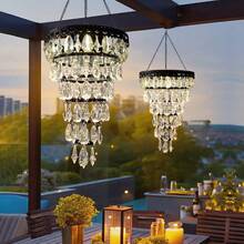 HUYIENO Solar Hanging Chandelier 6-Tier Crystal Outdoor Hanging Lantern With Warm LED Lights & 5ft Strip Waterproof For Garden, Patio, Gazebo, Wedding, Party Decoration - 6層 - 查看 5