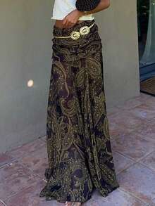 棕色复古腰果印花低腰半身裙，优雅波西米亚风，颓废风，仙气风，Y2K美学，2000年代时尚夏季度假风 - 棕色 - 查看 3