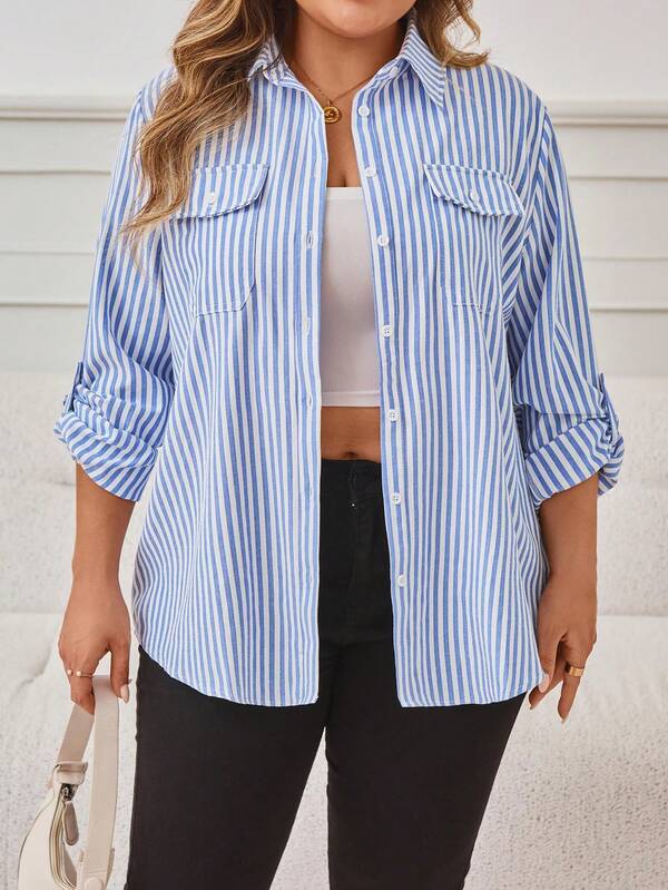 New Arrival Women's Striped Button-Front Long-Sleeve Shirt - Soft Cotton Blend, Double Pockets, Sleeve Loops, Machine Washable - Casual Commuting And Weekend Wear In All Seasons - Suitable For Spring And Autumn Casual Wear
