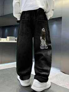 Tween Boy Fashionable Casual Washed Cartoon Embroidered Denim Jeans - Black - View 3