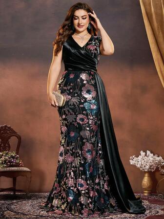 BluePlum Plus Size Women's Spring/Summer Elegant High-Quality Colorful Embroidery, Sequin Patchwork Fitted Cap Sleeve Formal Banquet Party Mother Gown Dress, Luxury V-Neck Flared Maxi Dress (Heavily Embellished)