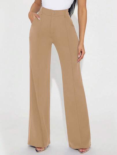 Pantalon droit à taille haute classique pour femmes, couleur unie élégante, convient pour le trajet domicile-travail, le travail et la rentrée scolaire, automne/hiver