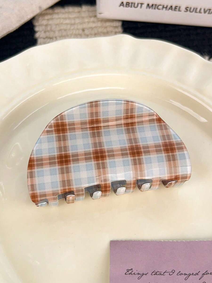 1Pc Medium Acrylic Hair Clip, South Korean Sle Updo Ark Hair Clip, Brown Blue Grid Retro Hair Claw, Suitable For Daily Falling Half Hair, Shark Claw Clip, Disc Hair Claw Clip Accessories, Women's Hair Clip, Is A Gift For Friends, Teachers, And Teachers Fashion Hair Clutch Winter Hair Accessories - Multicolor - View 1