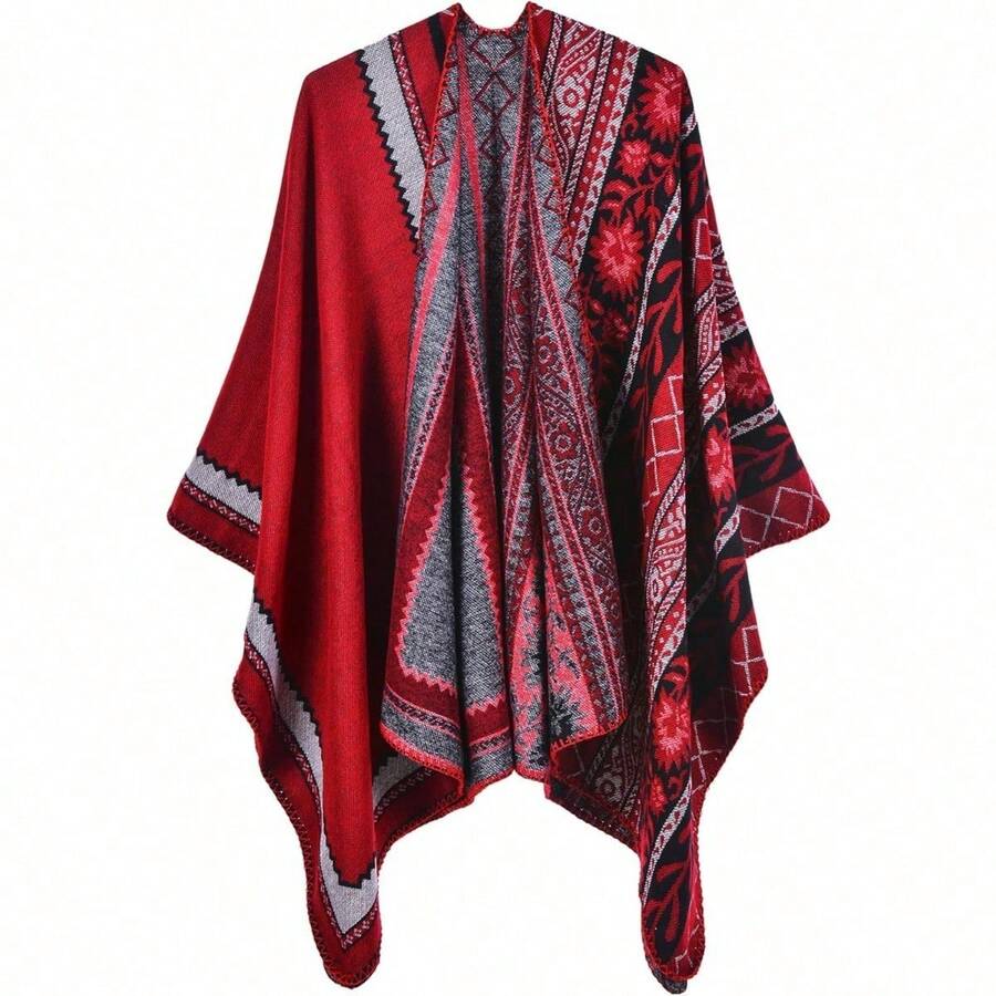 Women's Warm Shawl Wrap Cape Winter Cardigan Sweaters Open Front Poncho - M42-直式酒紅色 - 查看 1