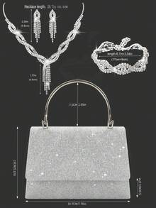 Charming And Elegant Women's Evening Handbag, Exquisite And Luxurious Shoulder Bag With Sparkling Rhinestone Embellished Necklace, Bracelet, Earrings Set, Stylish Shoulder Bag For Party Girls, Ladies, Bride, Perfect For Party, Wedding, Prom , Dinner/Banquet. - 銀色 - 查看 3