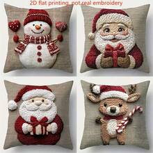 4 fundas de almohada planas 2D de Navidad (bordado no realista) - Diseños de Papá Noel, muñeco de nieve, reno y duende con impresiones de "¡Feliz!", "¡Nieve!", "¡Alegría!" y "¡Ho Ho Ho!" Perfectas para la decoración del sofá de la sala de estar, accesorios festivos del hogar, regalos de Navidad