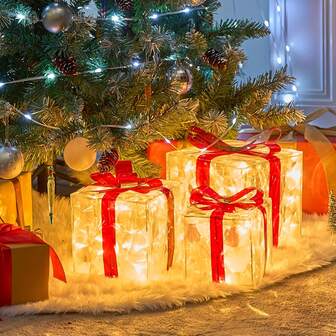 1pc Christmas Lighted Gift Box Set, 3pcs Transparent LED Warm White Box Lights For Indoor Holiday Decor, Battery Powered With AA Batteries Not Included, Christmas Red Gift Box For Christmas Party Festival Decoration Christmas Decorations Home Christmas Gifts Christmas Decor