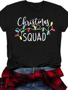Camisa De Navidad Para Mujer, Con Gráficos De Luz De Navidad, Manga Corta, Para Familia, Navidad, Día Festivo - Oscuro - Ver 1
