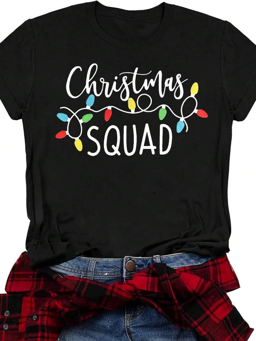Camisa De Navidad Para Mujer, Con Gráficos De Luz De Navidad, Manga Corta, Para Familia, Navidad, Día Festivo - Oscuro - Ver 1