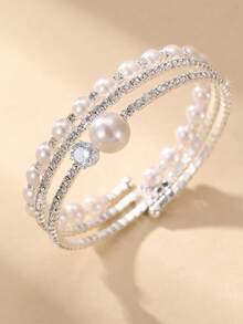 1pc Fashionable Luxurious Rhinestone & Faux Pearl Hinged Bangle Bracelet, Suitable For Wedding And Daily Wear