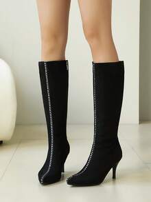 New Women's Pointed Toe Thick High Heel Pleated Solid Color Plus Size Over-The-Knee Boots, Suitable For Commuting, Autumn/Winter