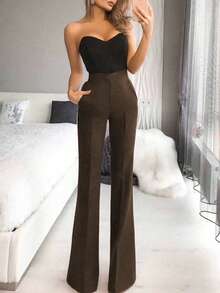 优雅高腰酒红色喇叭裤，通勤百搭 - 棕色 - 查看 3