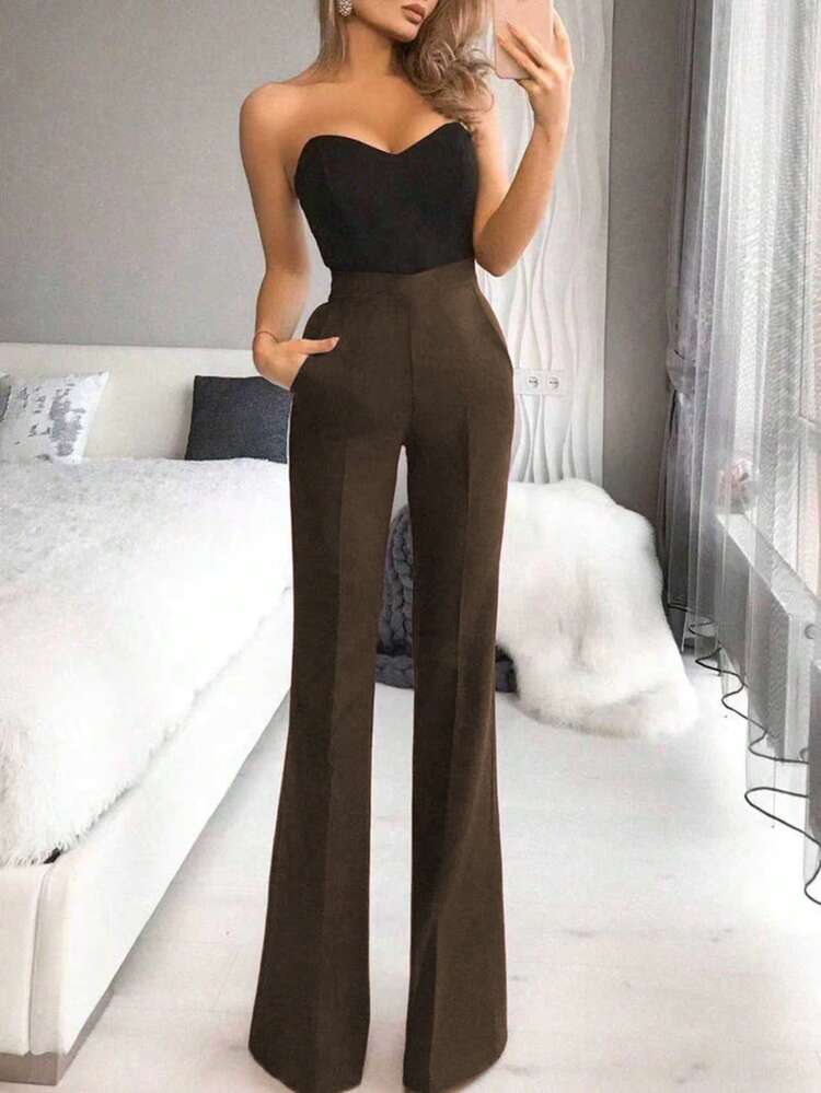 Pantalones acampanados de talle alto en color borgoña, elegantes y versátiles para el uso diario en primavera - Marrón - Añade 2
