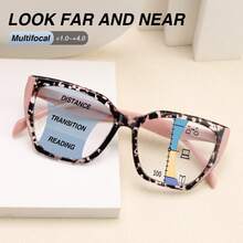 1pc Large Frame Progressive Multifocal Cat Eye Reading Glasses, Bestselling Leopard Print Design, With Comfortable Spring Hinges, Suitable For Men And Women Daily Wear - Gray Leopard Print - View 3