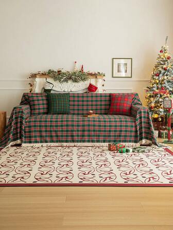 1 件米色和绿色格子流苏沙发毯，农舍风格舒适客厅装饰，圣诞装饰