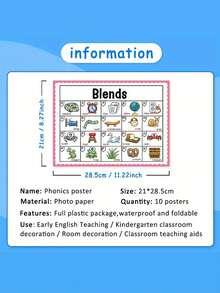 10pcs English Phonics Learning Posters, Natural Reading Instruction Word Cards, Classroom Posters For Early English Education