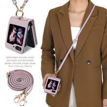 1pc L-Shaped Zipper Folding Screen Phone Case, Suitable For Galaxy Z Flip4 5G, With Ring, Neck Strap, Crossbody, Shoulder Strap, Fashionable, Lightweight, Thin, Foldable, Rear Card Slot, Coin Purse, Cute, Smartphone Protective Case, Adjustable Strap, Shock-Proof, Anti-Drop