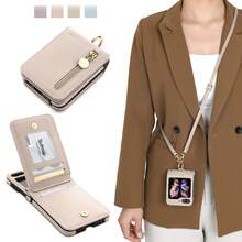 1pc L-Shaped Zipper Folding Screen Phone Case, Suitable For Galaxy Z Flip4 5G, With Ring, Neck Strap, Crossbody, Shoulder Strap, Fashionable, Lightweight, Thin, Foldable, Rear Card Slot, Coin Purse, Cute, Smartphone Protective Case, Adjustable Strap, Shock-Proof, Anti-Drop