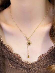 Collar con colgante de cuentas de piedra marrón vintage, con cadena de metal dorado de doble capa y múltiples cadenas, ideal para usar con suéteres en otoño e invierno, regalo de joyería para mujeres