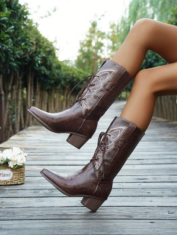 Women's Mid-Calf Lace-Up Embroidered Chunky Heel Western Style Holiday Outdoor Party Fashion Cowboy Boots
