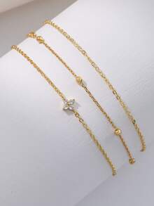 3pcs Layered Women Bracelet, Mixed Flower Zirconia Decor Chain Style, Elegant & Graceful